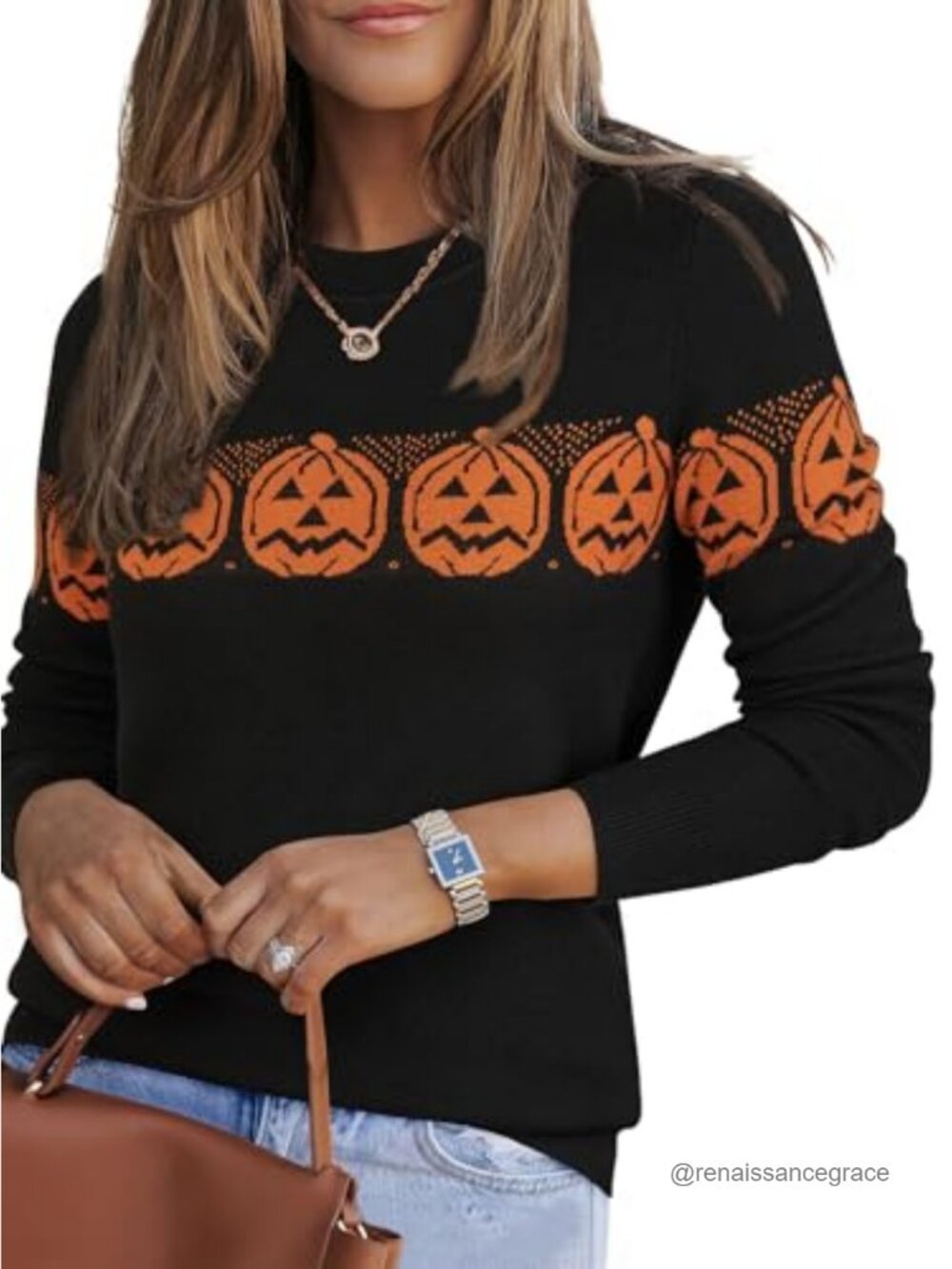 Wool Blend Crew Neck Pullover Sweater Casual Fall Halloween Pumpkin